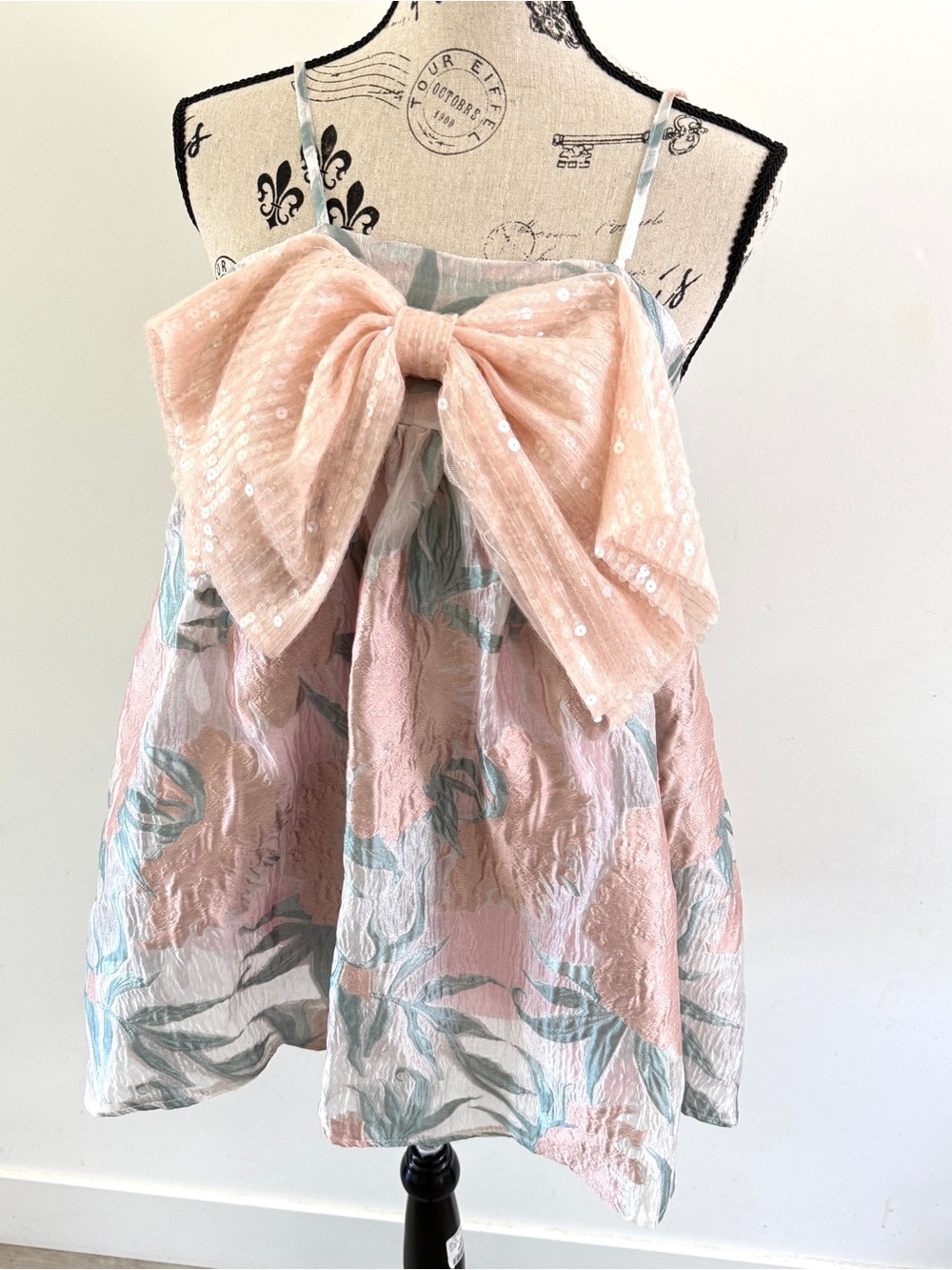 Women’s Vintage Style Floral Bow Mini Dress Pink Green Cottagecore Party Dress M